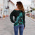 Kosrae Polynesian Women's Off Shoulder Sweater - Turtle With Blooming Hibiscus Turquoise - Polynesian Pride