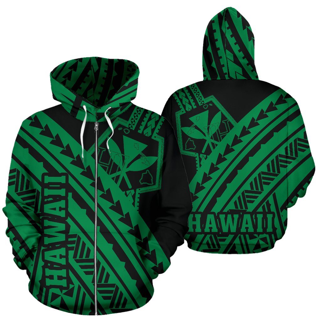 Hawaii Kanaka Polynesian Zip up Hoodie Poly Style Green Unisex Green - Polynesian Pride