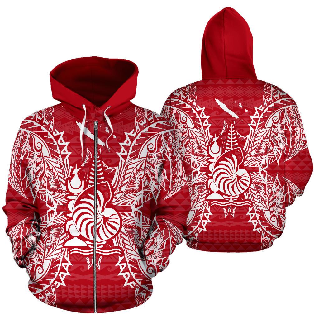 New Caledonia Polynesian All Over Zip up Hoodie Map Red White Unisex Red - Polynesian Pride