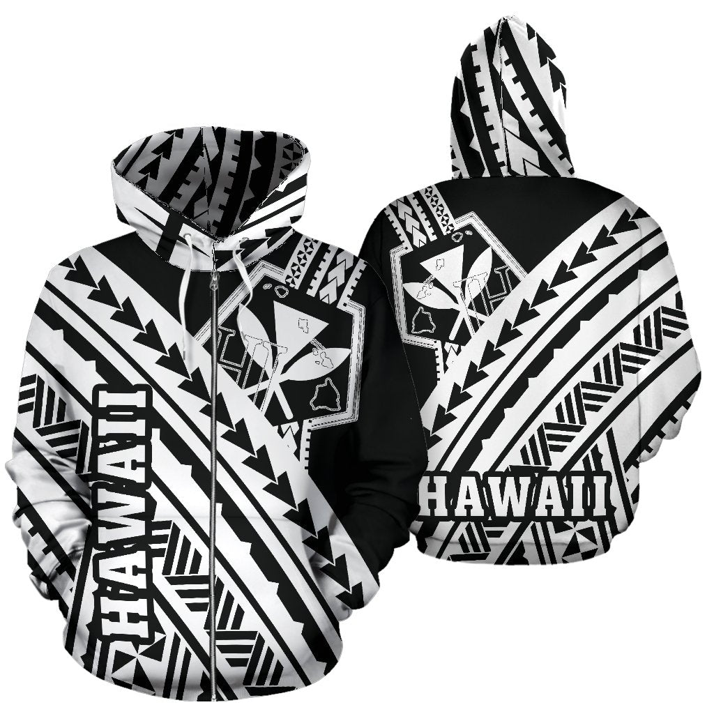 Hawaii Kanaka Polynesian Zip up Hoodie Poly Style White and Black Unisex White - Polynesian Pride