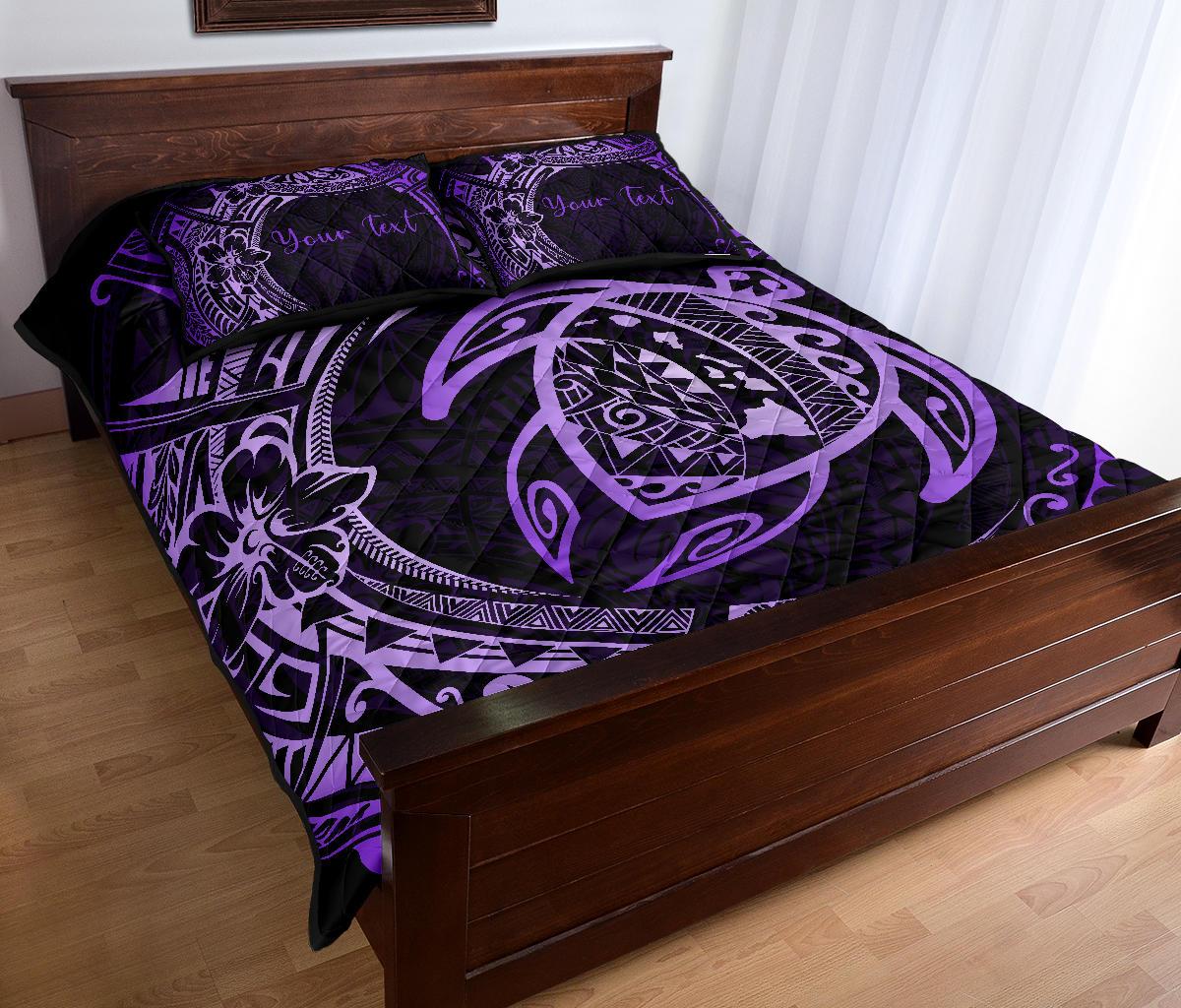Personalized - Hawaii Map Turtles Hibiscus Quilt Bed Set - Purple - Polynesian Pride