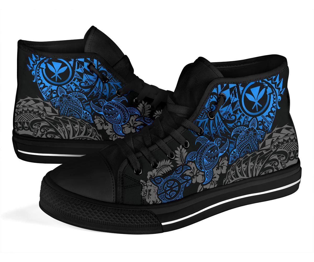 Polynesian Hawaii (Kanaka Maoli) High Top Shoes - Blue Hibiscus Turtle Flowing - Polynesian Pride