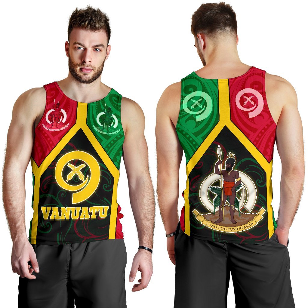 Vanuatu Polynesian Men's Tank Top - Vanuatu Flag and Coat Of Arms Black - Polynesian Pride