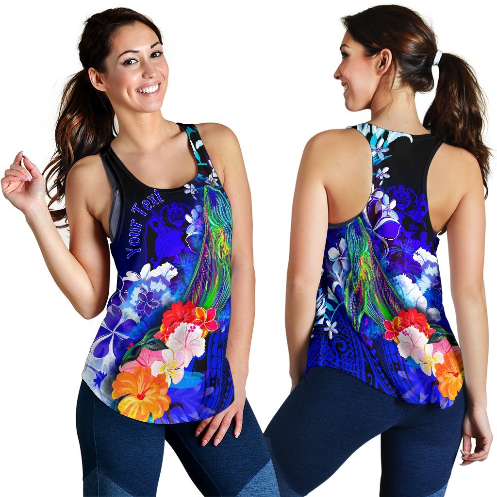 Tonga Custom Personalised Women's Racerback Tank - Humpback Whale with Tropical Flowers (Blue) Blue - Polynesian Pride