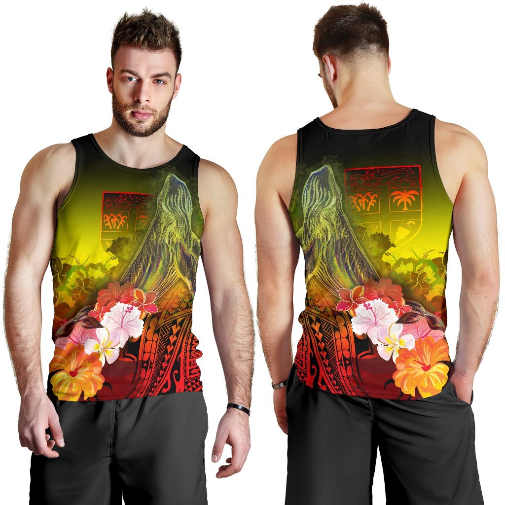 Fiji Men's Tank Top - Humpback Whale with Tropical Flowers (Yellow) Yellow - Polynesian Pride