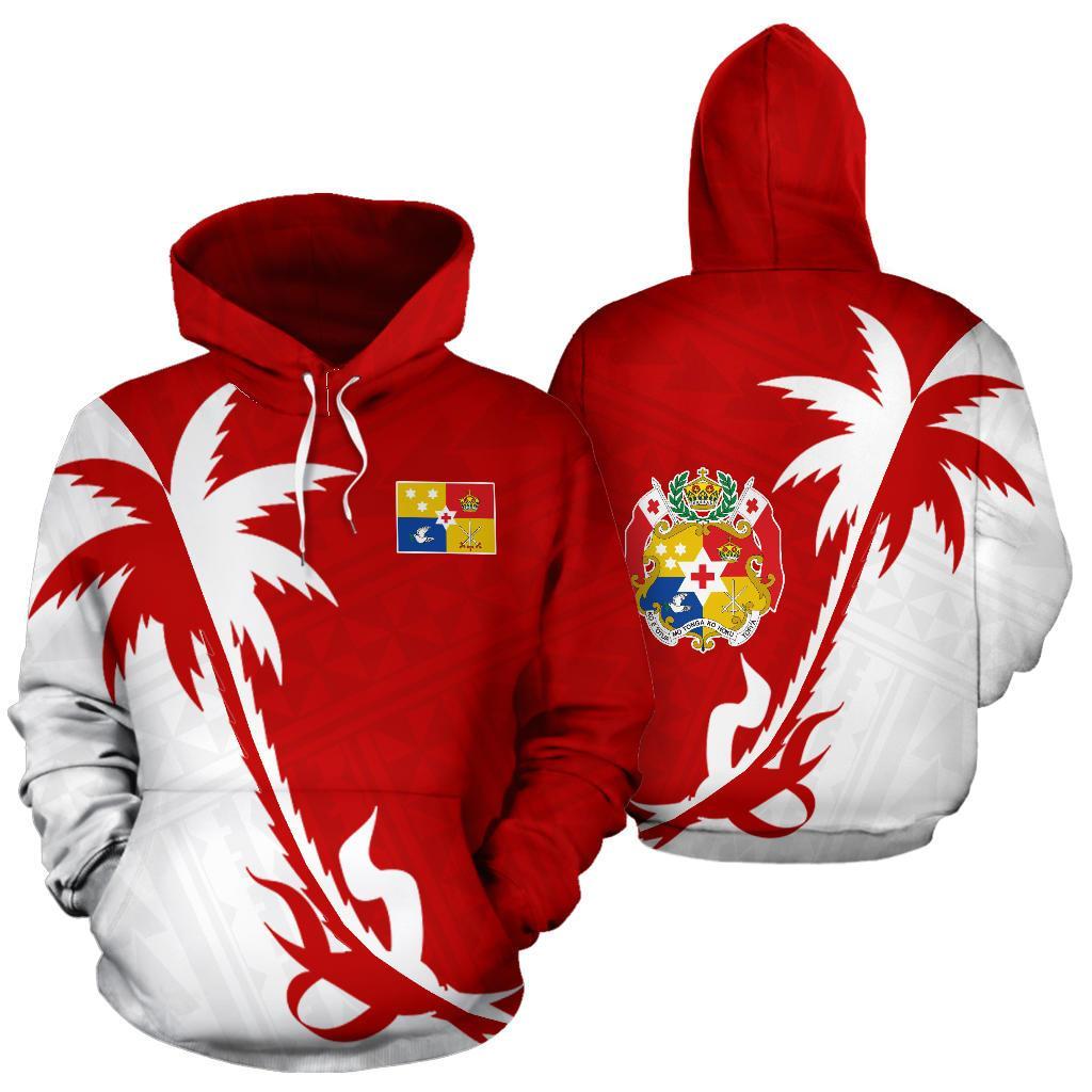 Tonga Hoodie Tonga Coat of Arms Coconut Tree Unisex Red mix White - Polynesian Pride