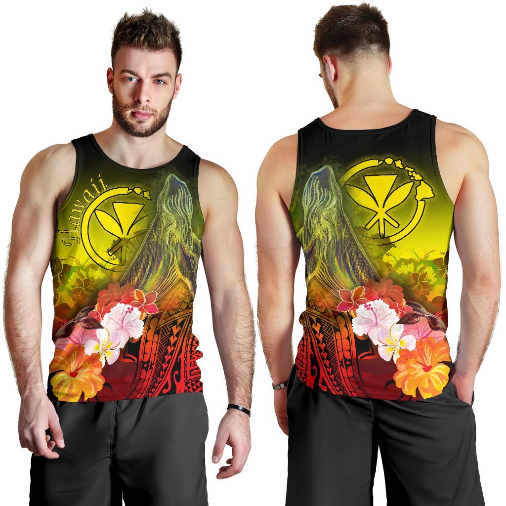 Polynesian Hawaii Men's Tank Top - Kanaka Maoli Humpback Whale with Tropical Flowers (Yellow) Yellow - Polynesian Pride