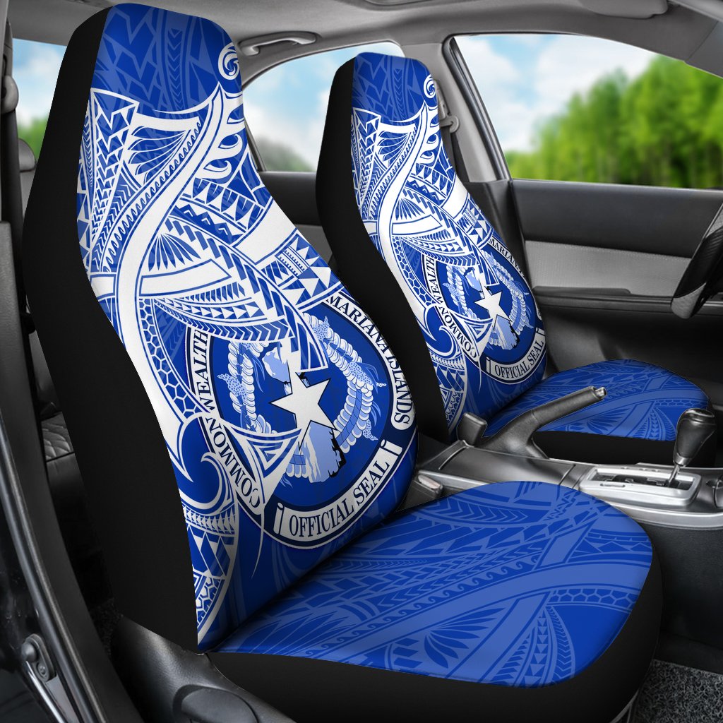 Northern Mariana Islands Car Seat Covers - Seal CNMI With Curve Patterns Universal Fit Blue - Polynesian Pride