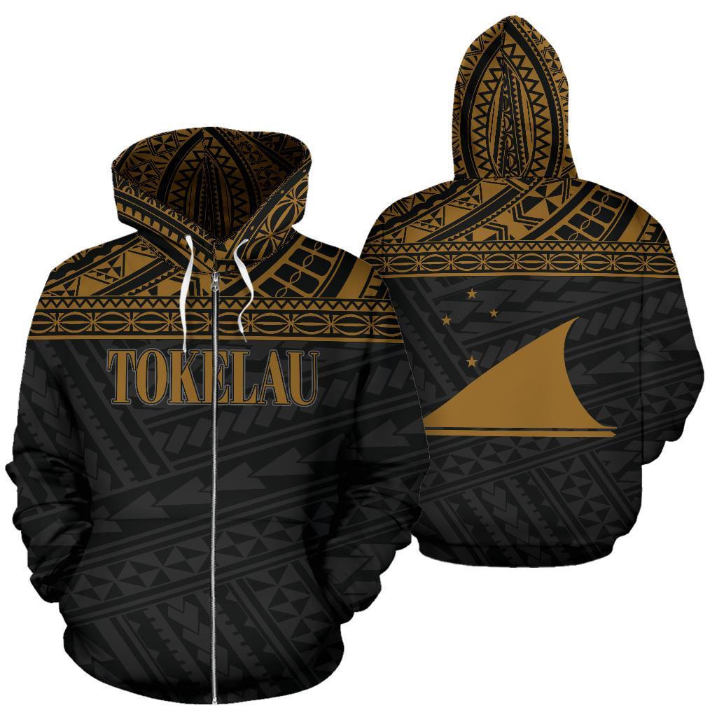 Tokelau Polynesian All Over Zip up Hoodie Gold Horizontal Unisex Black - Polynesian Pride