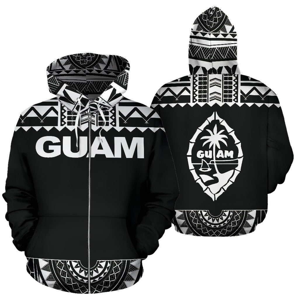 Guam All Over Zip up Hoodie Polynesian Black and White Unisex Black And White - Polynesian Pride