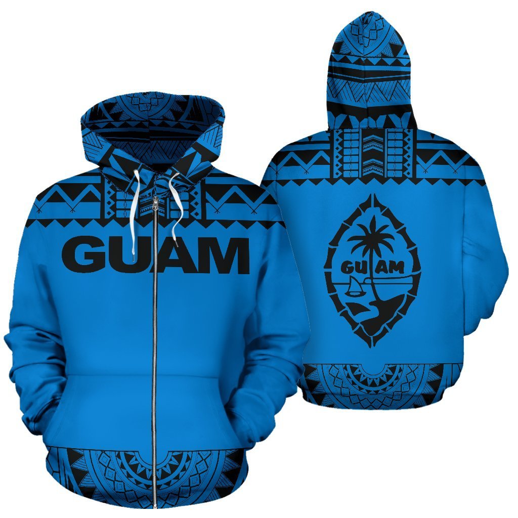 Guam All Over Zip up Hoodie Polynesian Blue and Black Unisex Blue And Black - Polynesian Pride