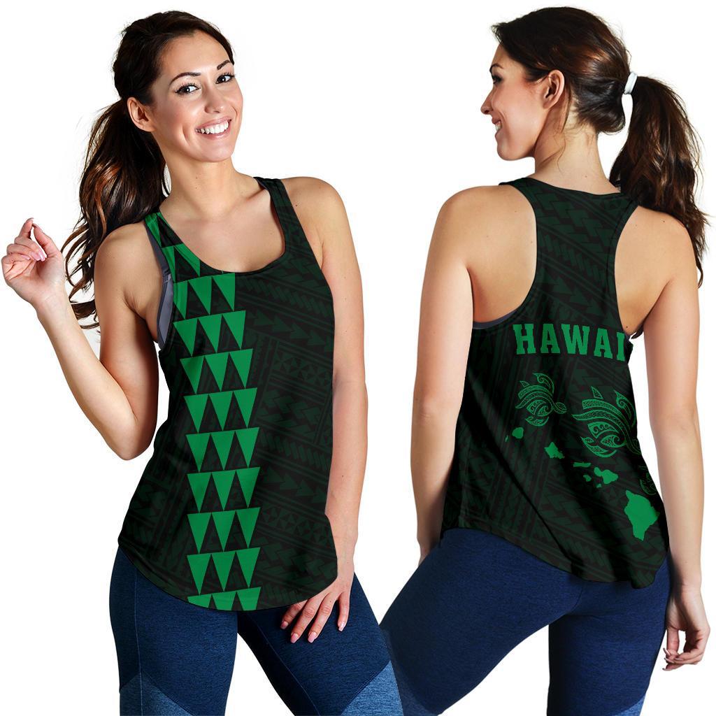 Hawaii Kakau Polynesian Three Turtles Map Women's Racerback Tank - Green Green - Polynesian Pride