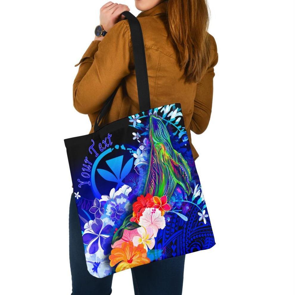 Polynesian Hawaii Custom Personalised Premium Tote Bags - Kanaka Maoli Humpback Whale with Tropical Flowers (Blue) Tote Bag One Size Blue - Polynesian Pride