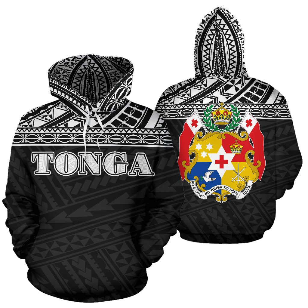 Tonga All Over Hoodie Polynesian Black Version Unisex White - Polynesian Pride