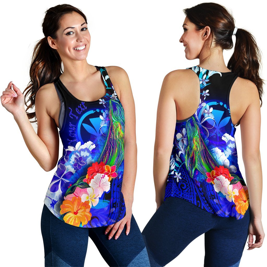 Polynesian Hawaii Custom Personalised Premium Women's Racerback Tank - Kanaka Maoli Humpback Whale with Tropical Flowers (Blue) Blue - Polynesian Pride