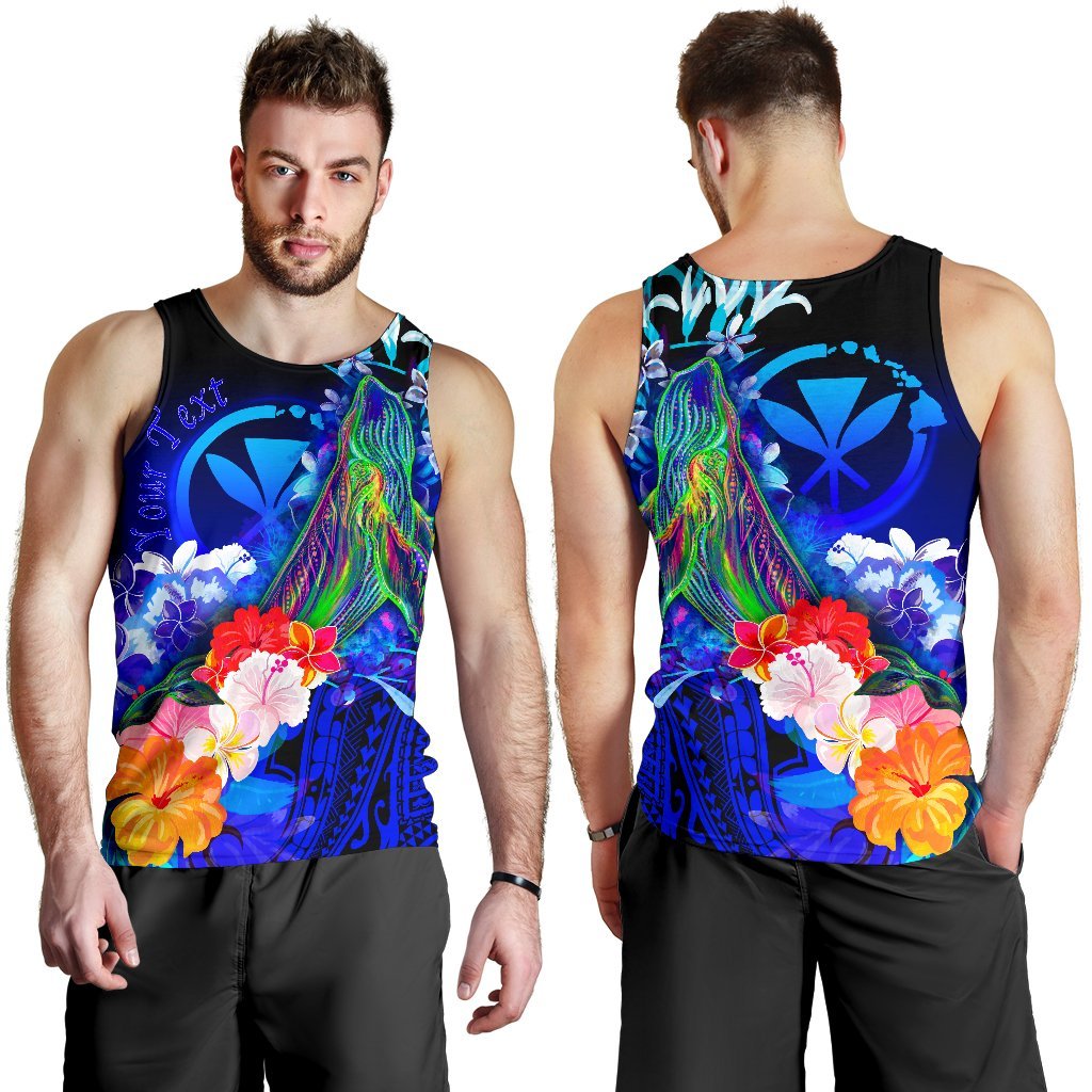 Polynesian Hawaii Custom Personalised Men's Tank Top - Kanaka Maoli Humpback Whale with Tropical Flowers (Blue) Blue - Polynesian Pride