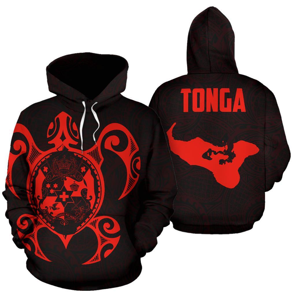 Tonga Polynesian Hoodie Tonga Coat of Arms In Turtle Map Red Unisex Red - Polynesian Pride