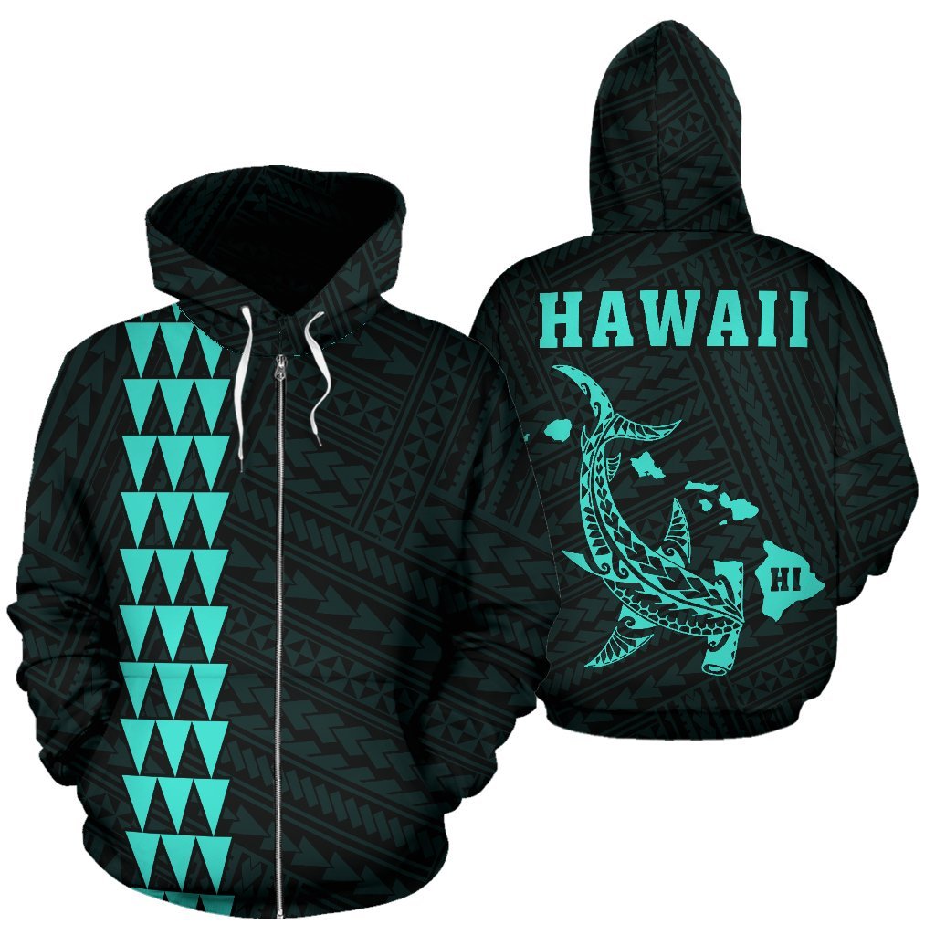 Hawaii Kakau Polynesian Turquoise Hammerhead Shark Hoodie (Zip) Unisex Turquoise - Polynesian Pride