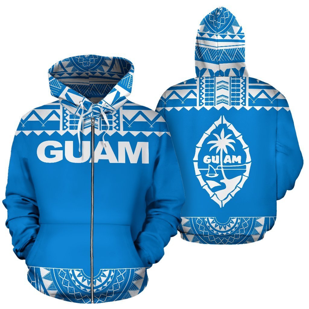 Guam All Over Zip up Hoodie Polynesian Blue and White Unisex Blue And White - Polynesian Pride