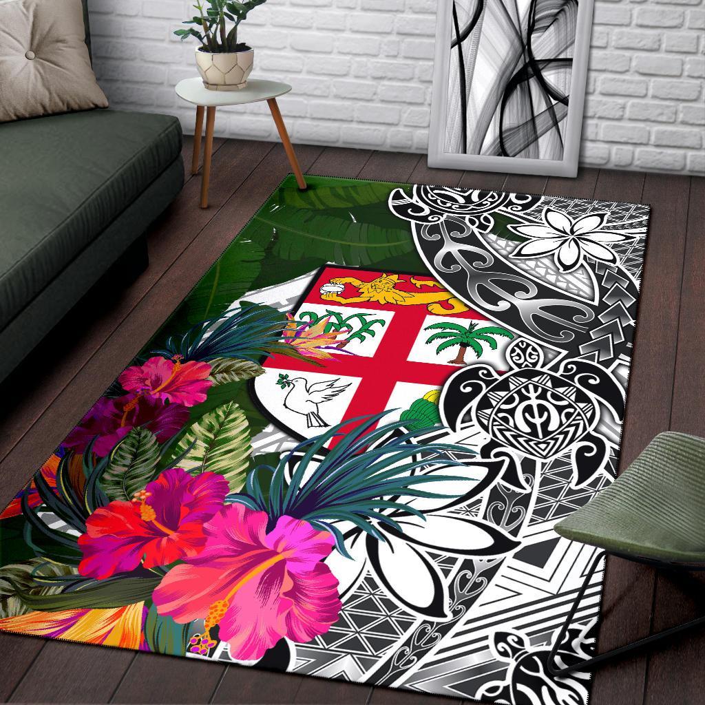 Fiji Area Rug White - Turtle Plumeria Banana Leaf White - Polynesian Pride