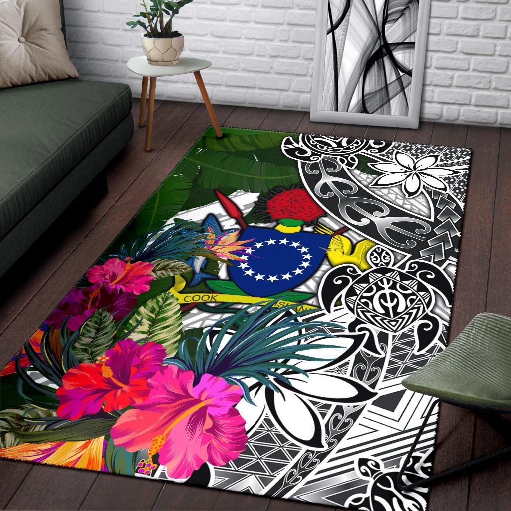 Cook Islands Area Rug White - Turtle Plumeria Banana Leaf White - Polynesian Pride