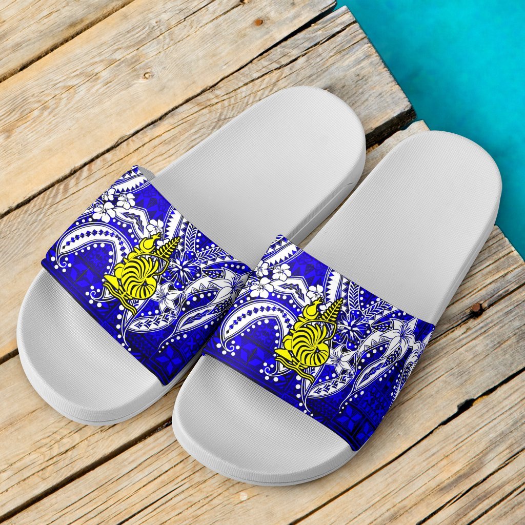 New Caledonia Polynesian Slide Sandals - Tribal Jungle Pattern Blue White - Polynesian Pride