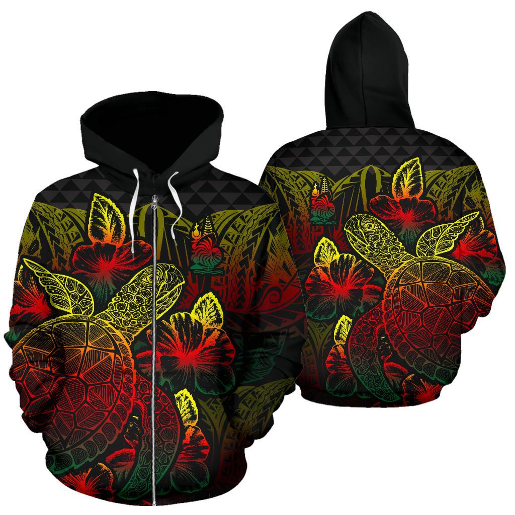 New Caledonia Polynesian Zip up Hoodie Turtle Hibiscus Reggae Unisex Reggae - Polynesian Pride