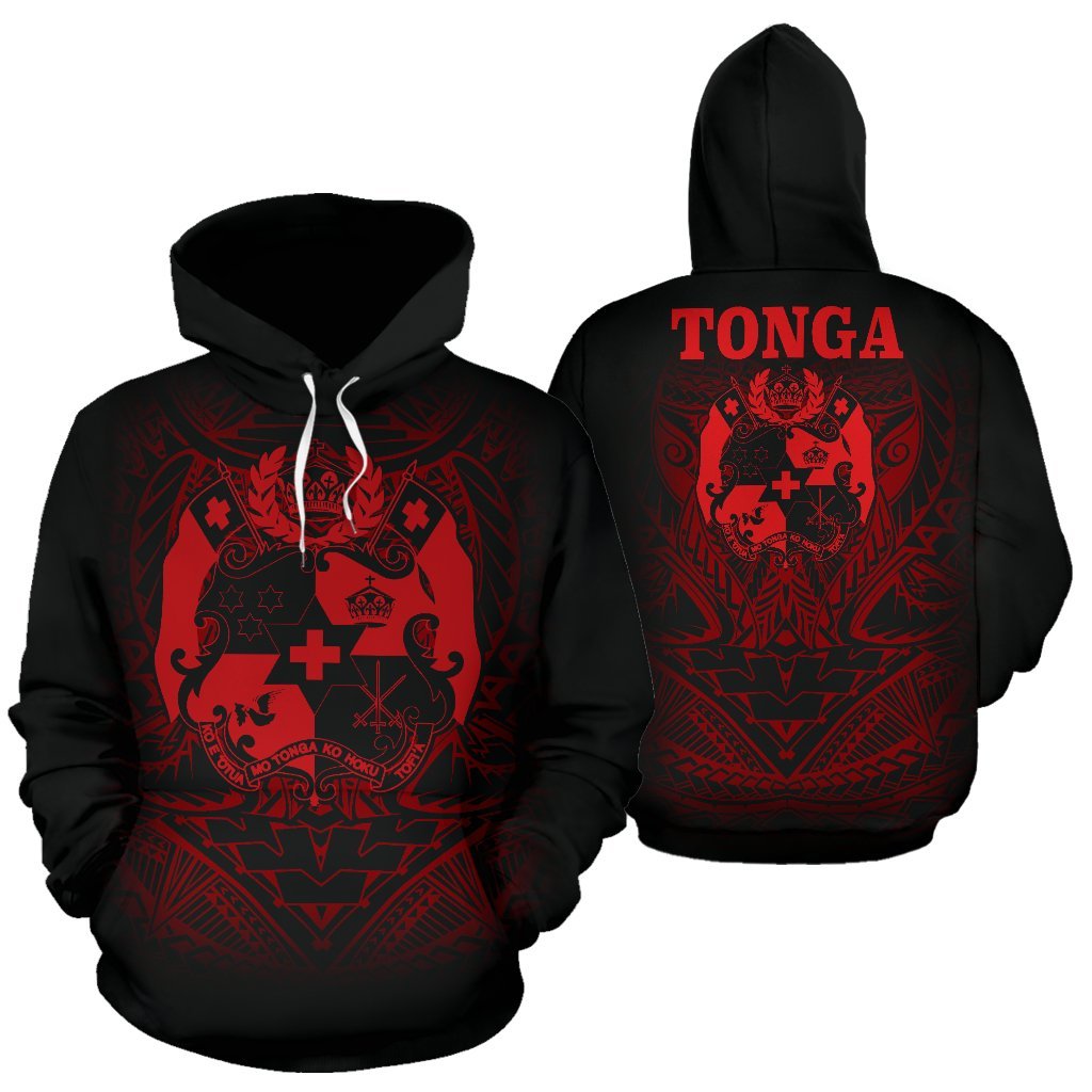 Tonga Polynesian ll Over Hoodie Red Tribal Pattern Unisex Black - Red - Polynesian Pride