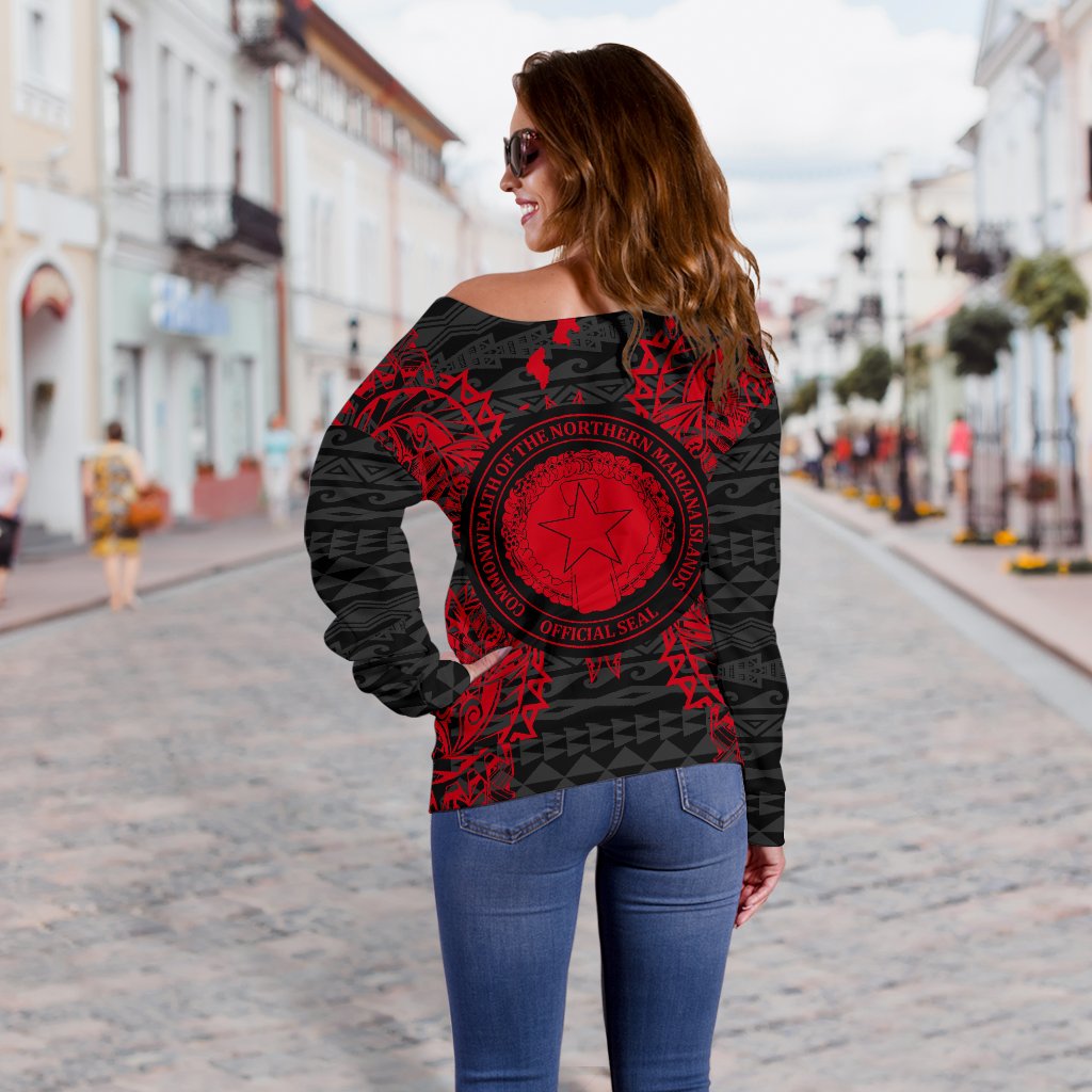 Northern Mariana Islands Polynesian Shoulder Sweater Map Red - Polynesian Pride