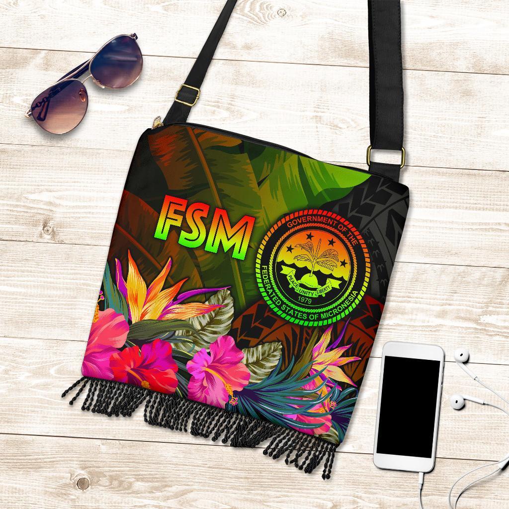 Federated States of Micronesia Polynesian Crossbody Boho Handbag - Hibiscus and Banana Leaves One Style One Size Reggae - Polynesian Pride