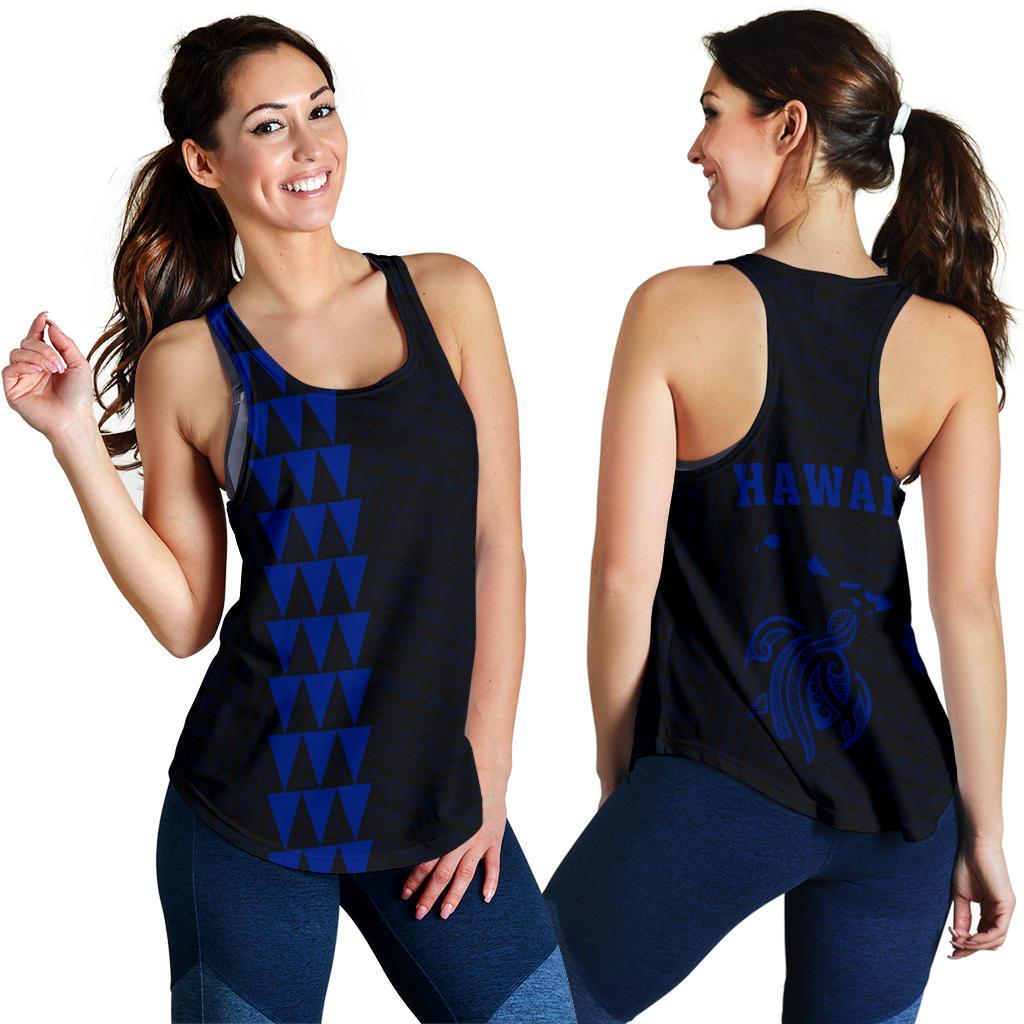 Hawaii Kakau Polynesian Turtle Map Women's Racerback Tank - Blue Blue - Polynesian Pride