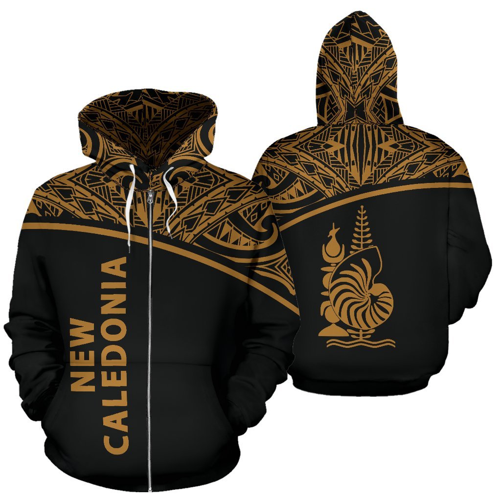 New Caledonia Polynesian All Over Zip up Hoodie Gold Curve Version Unisex Black - Gold - Polynesian Pride