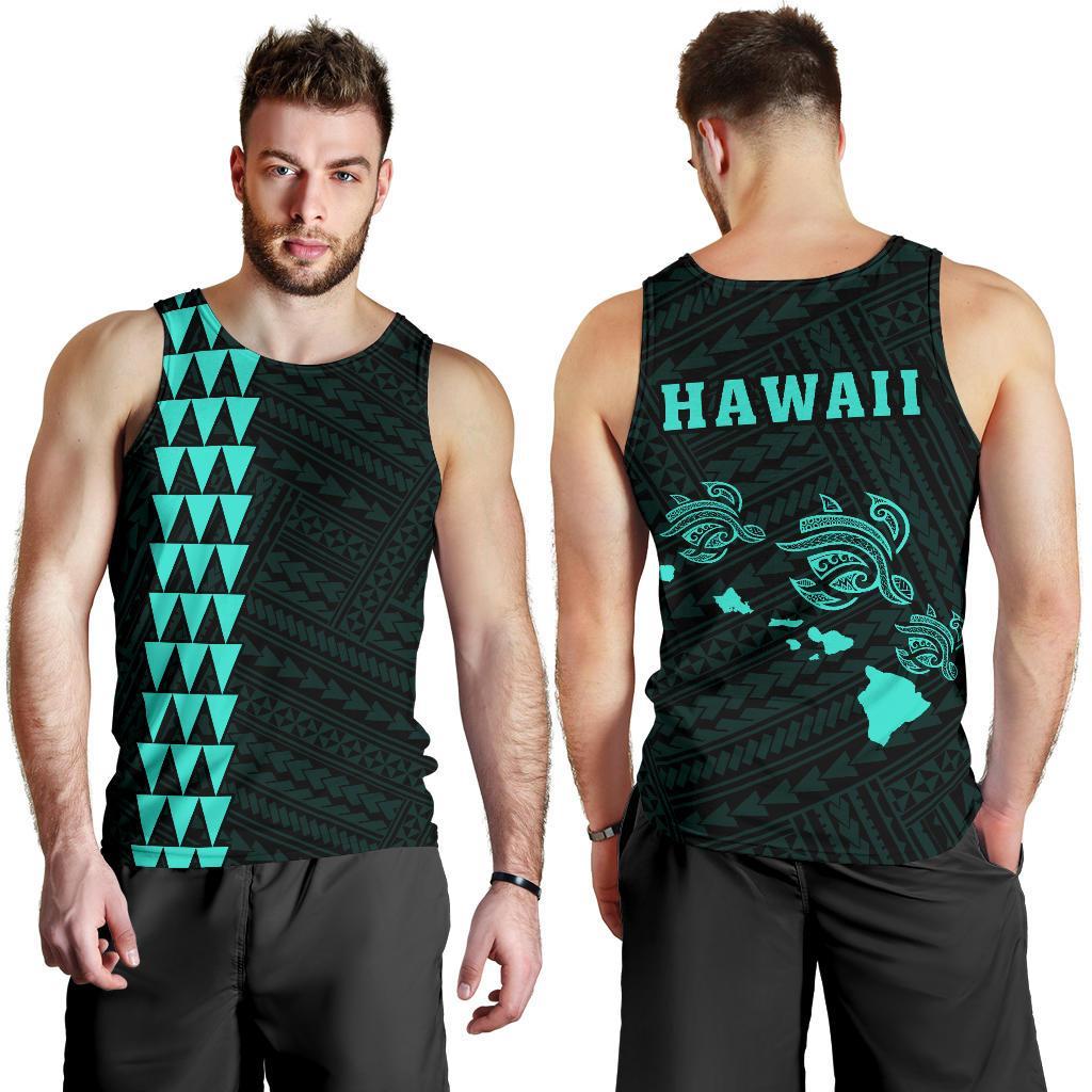 Hawaii Kakau Polynesian Three Turtles Map Men's Tank Top - Turquoise Turquoise - Polynesian Pride