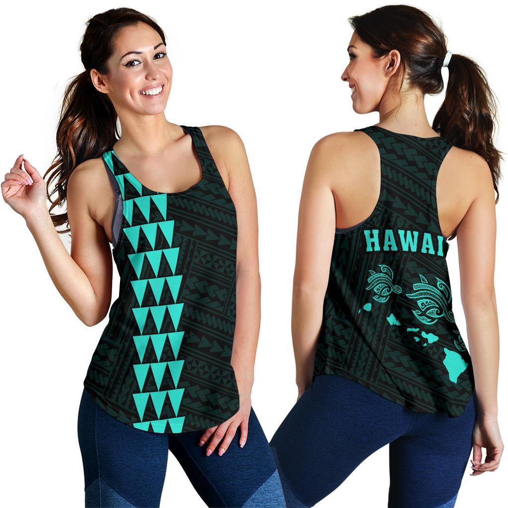 Hawaii Kakau Polynesian Three Turtles Map Women's Racerback Tank - Turquoise Turquoise - Polynesian Pride