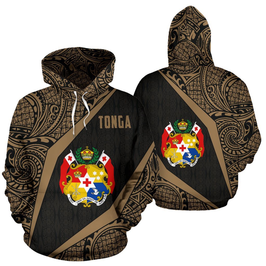 Tonga Polynesian Hoodie Tonga Coat of Arms Polynesian Tattoo Gold Unisex Black - Polynesian Pride