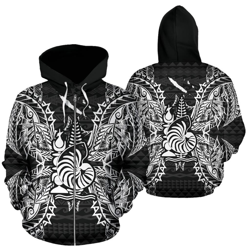 New Caledonia Polynesian All Over Zip up Hoodie Map Black Unisex Black - Polynesian Pride