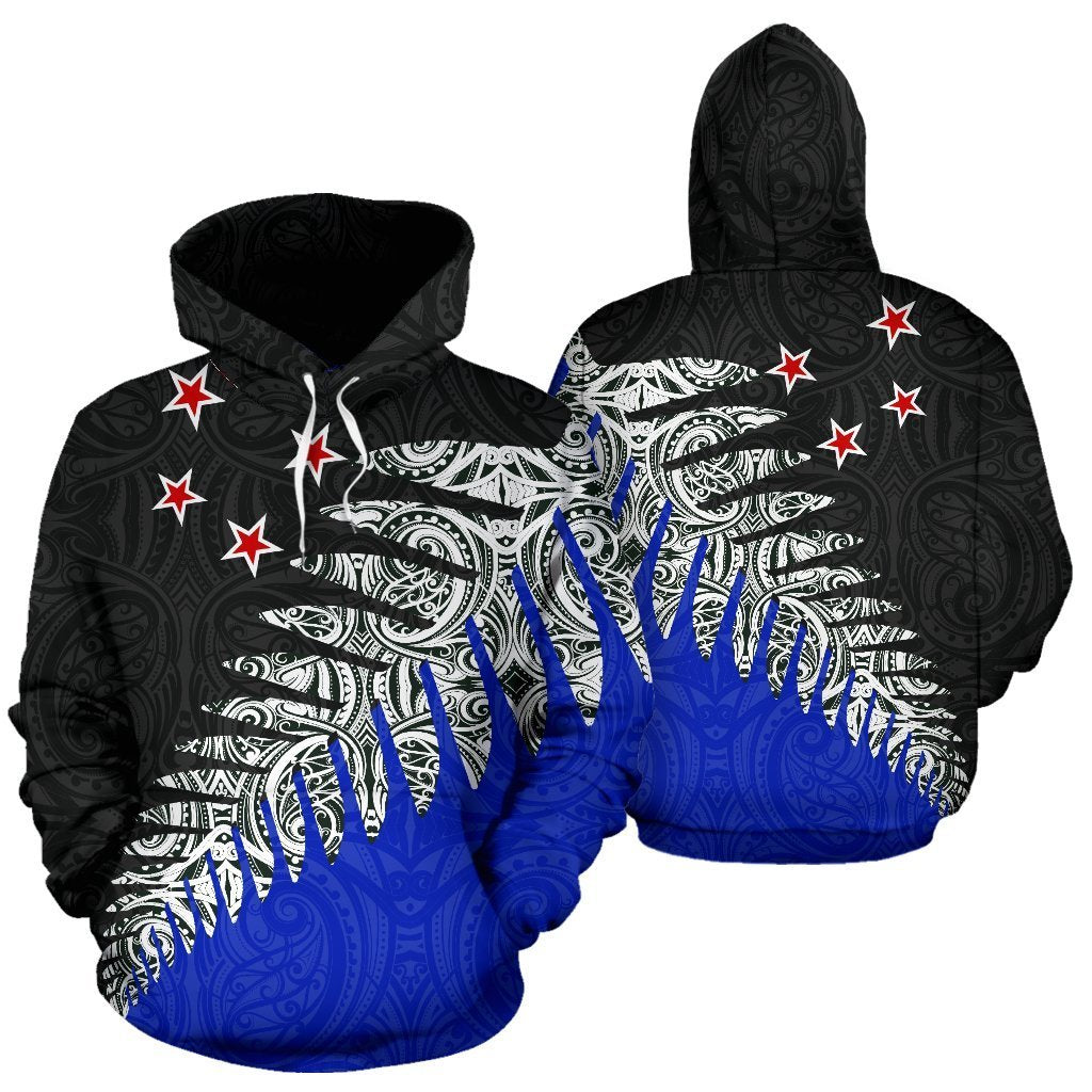New Zealand Flag Hoodie, Maori Silver Fern Pullover Hoodie Blue - Polynesian Pride