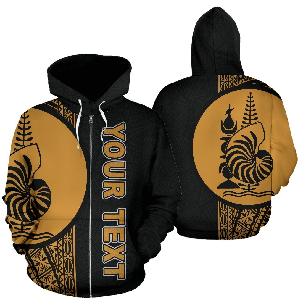 New Caledonia Polynesian All Over Custom Zip up Hoodie Gold Line Unisex Black - Gold - Polynesian Pride