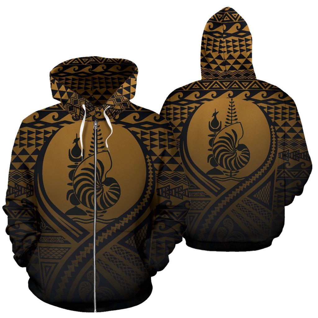 New Caledonia All Over Zip up Hoodie Lift up Gold Unisex Gold - Polynesian Pride