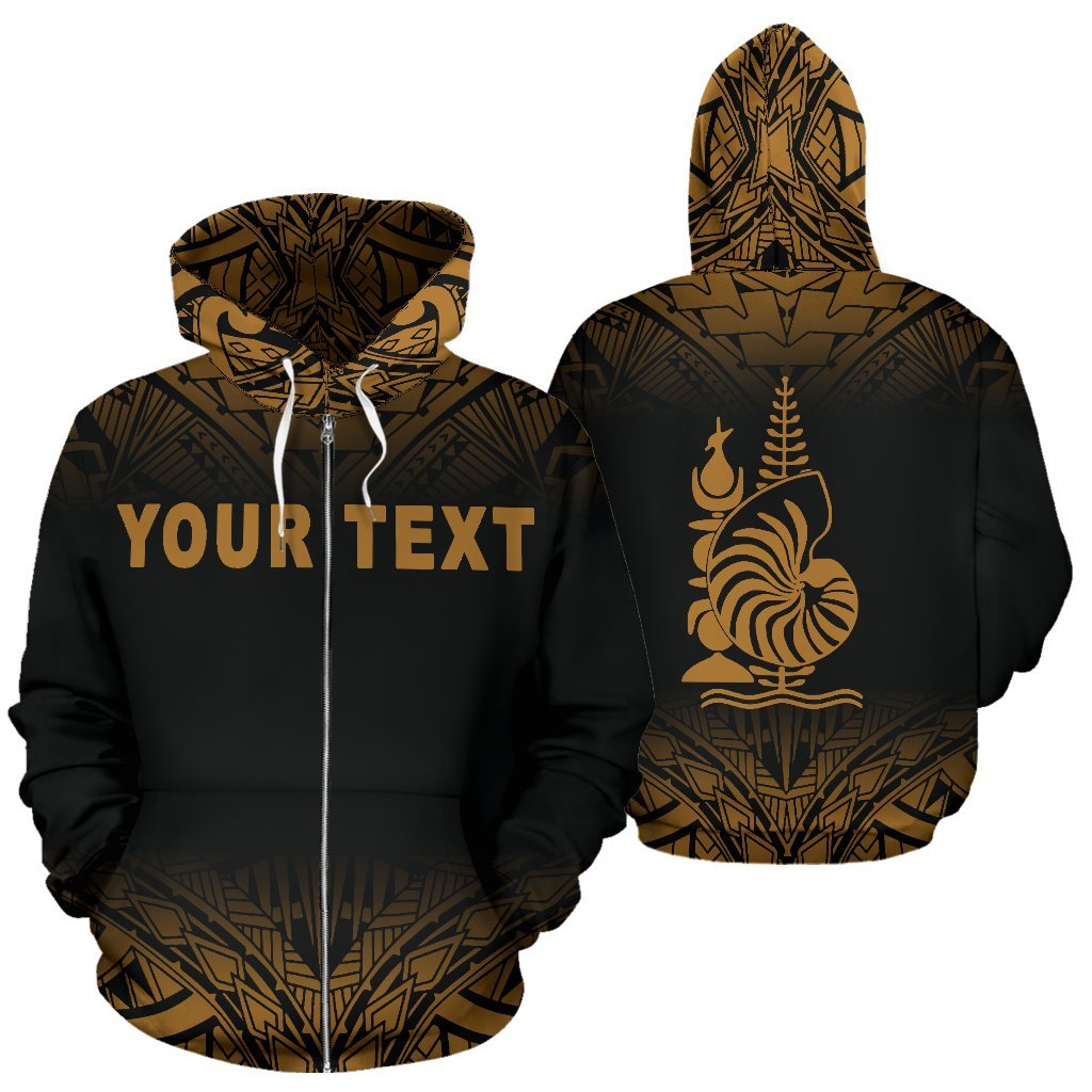 New Caledonia Polynesian All Over Custom Zip up Hoodie Gold Fog Style Unisex Black - Gold - Polynesian Pride