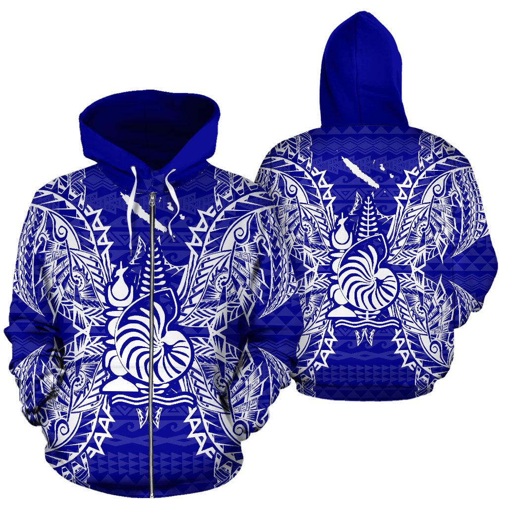 New Caledonia Polynesian All Over Zip up Hoodie Map Blue Unisex Blue - Polynesian Pride