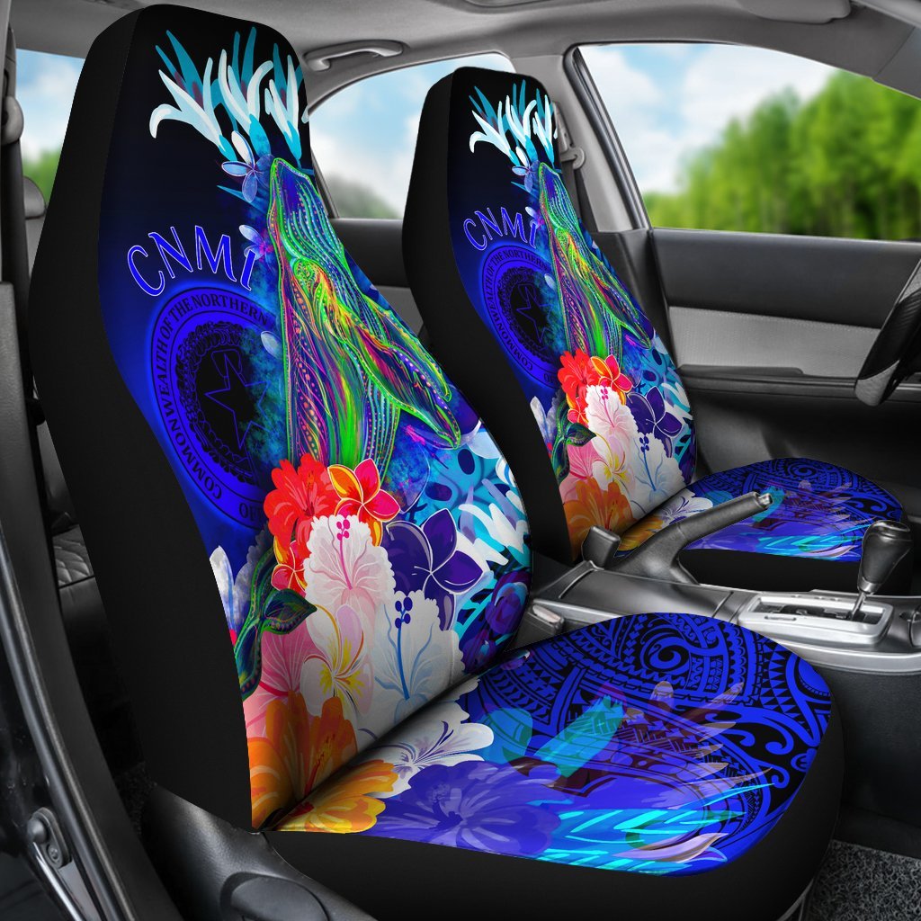 CNMI Car Seat Covers - Humpback Whale with Tropical Flowers (Blue) Universal Fit Blue - Polynesian Pride