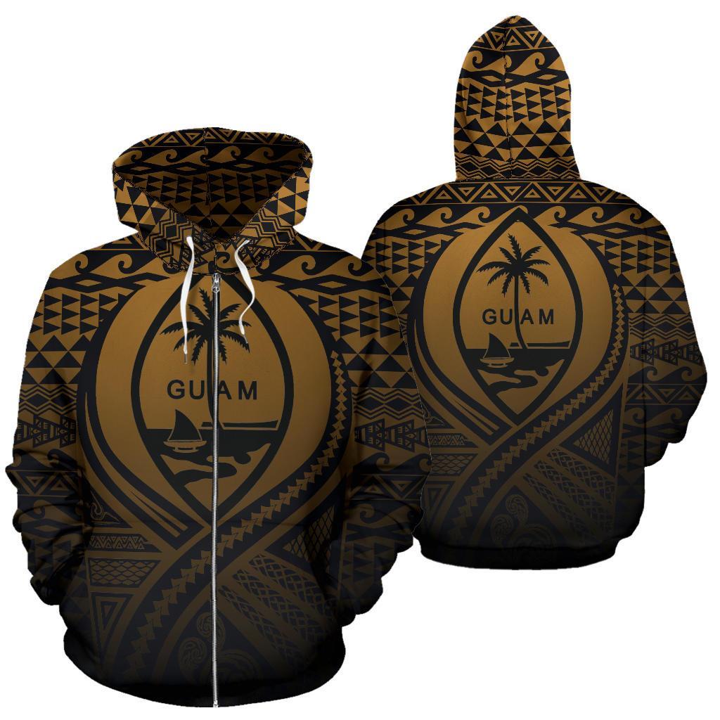 Guam All Over Zip up Hoodie Lift up Gold Unisex Gold - Polynesian Pride