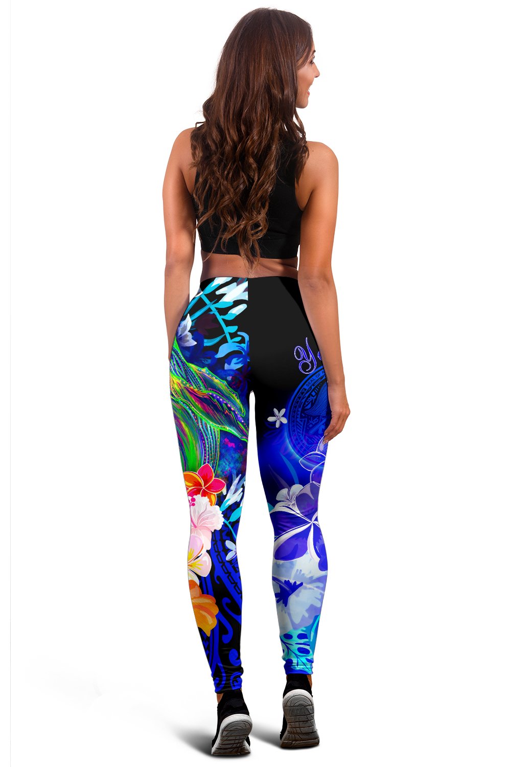 American Samoa Polynesian Custom Personalised Leggings - Humpback Whale with Tropical Flowers (Blue) - Polynesian Pride