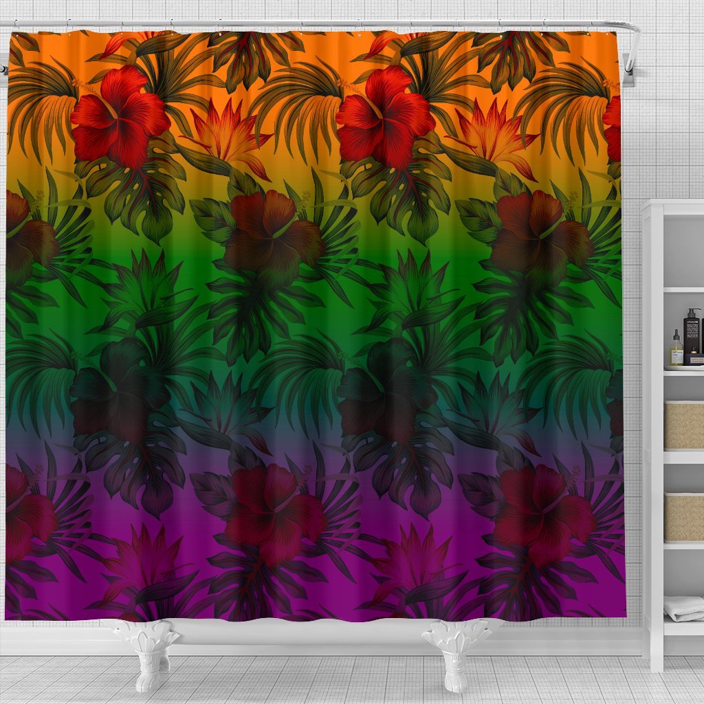 Polynesian Shower Curtain - Green Hibiscus Patterns 177 x 172 (cm) Red - Polynesian Pride