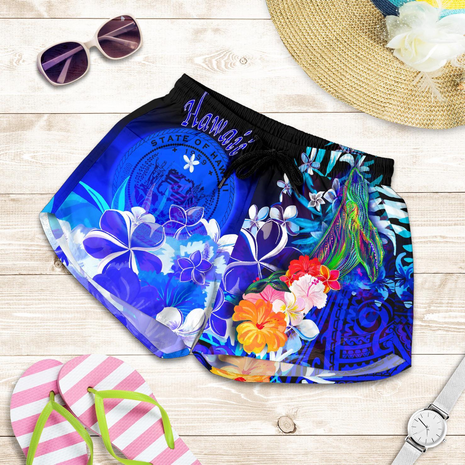 Polynesian Hawaii Women's Shorts - Humpback Whale with Tropical Flowers (Blue) Women Blue - Polynesian Pride