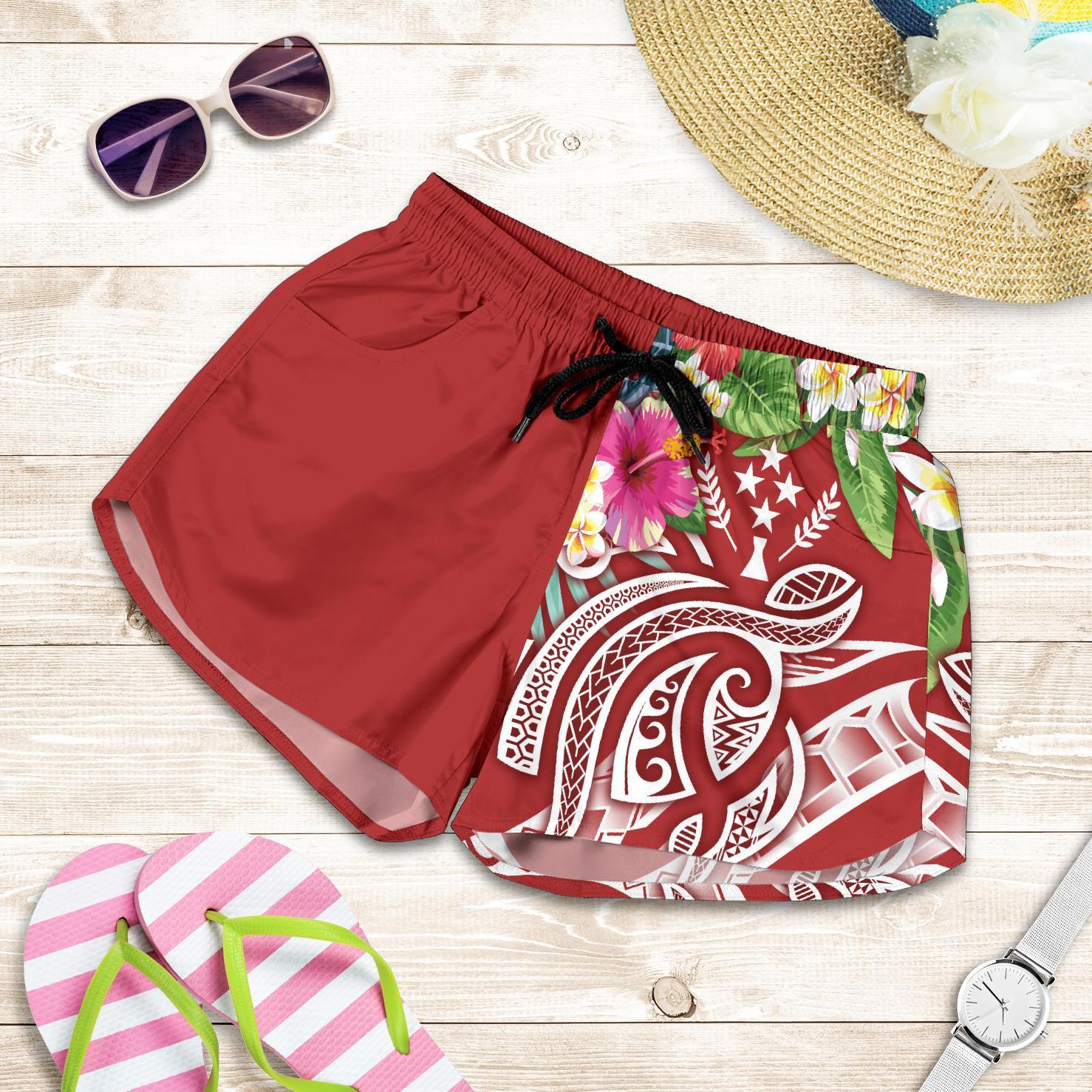 Kosrae Polynesian Women's Shorts - Summer Plumeria (Red) Women Red - Polynesian Pride