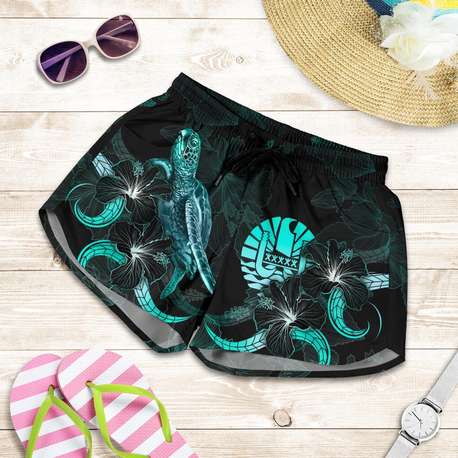 Tahiti Polynesian Women's Shorts - Turtle With Blooming Hibiscus Turquoise Women Turquoise - Polynesian Pride