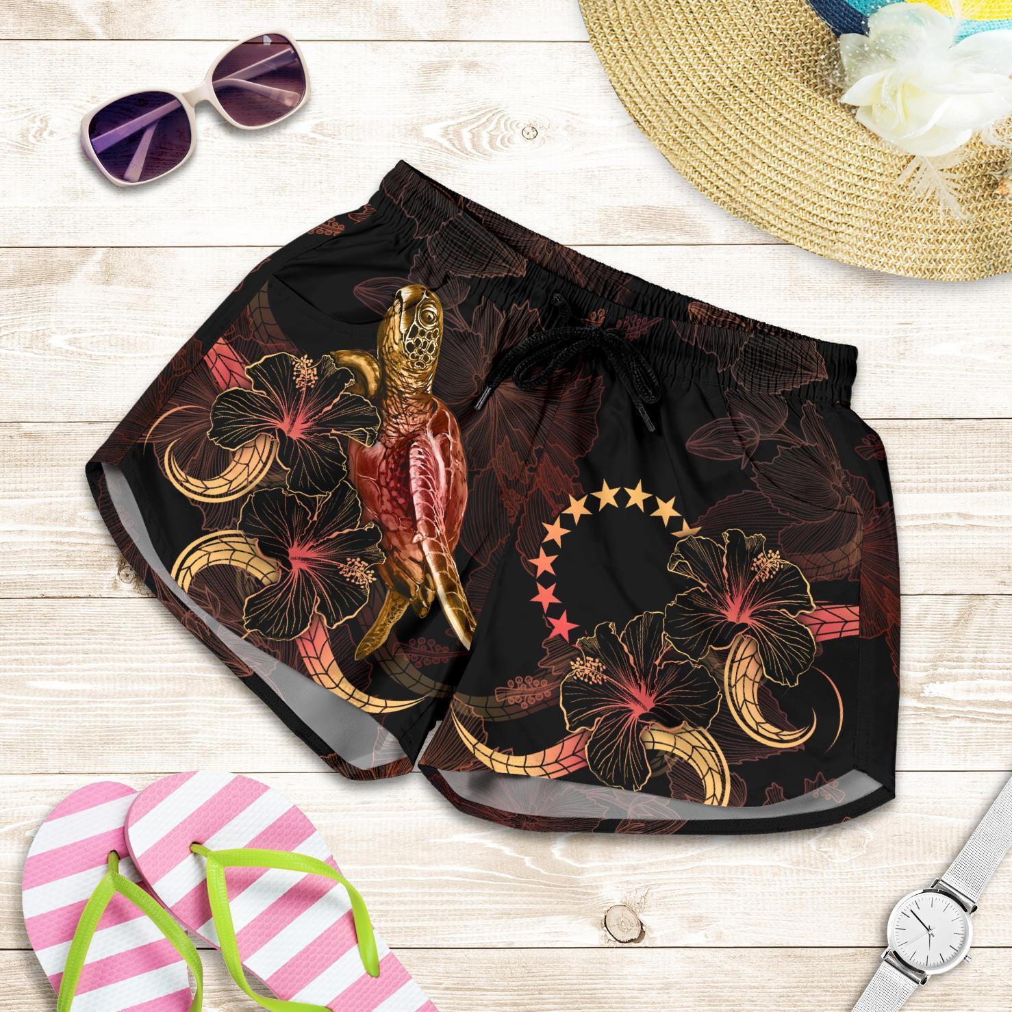 Cook Islands Polynesian Women's Shorts - Turtle With Blooming Hibiscus Gold Women Gold - Polynesian Pride