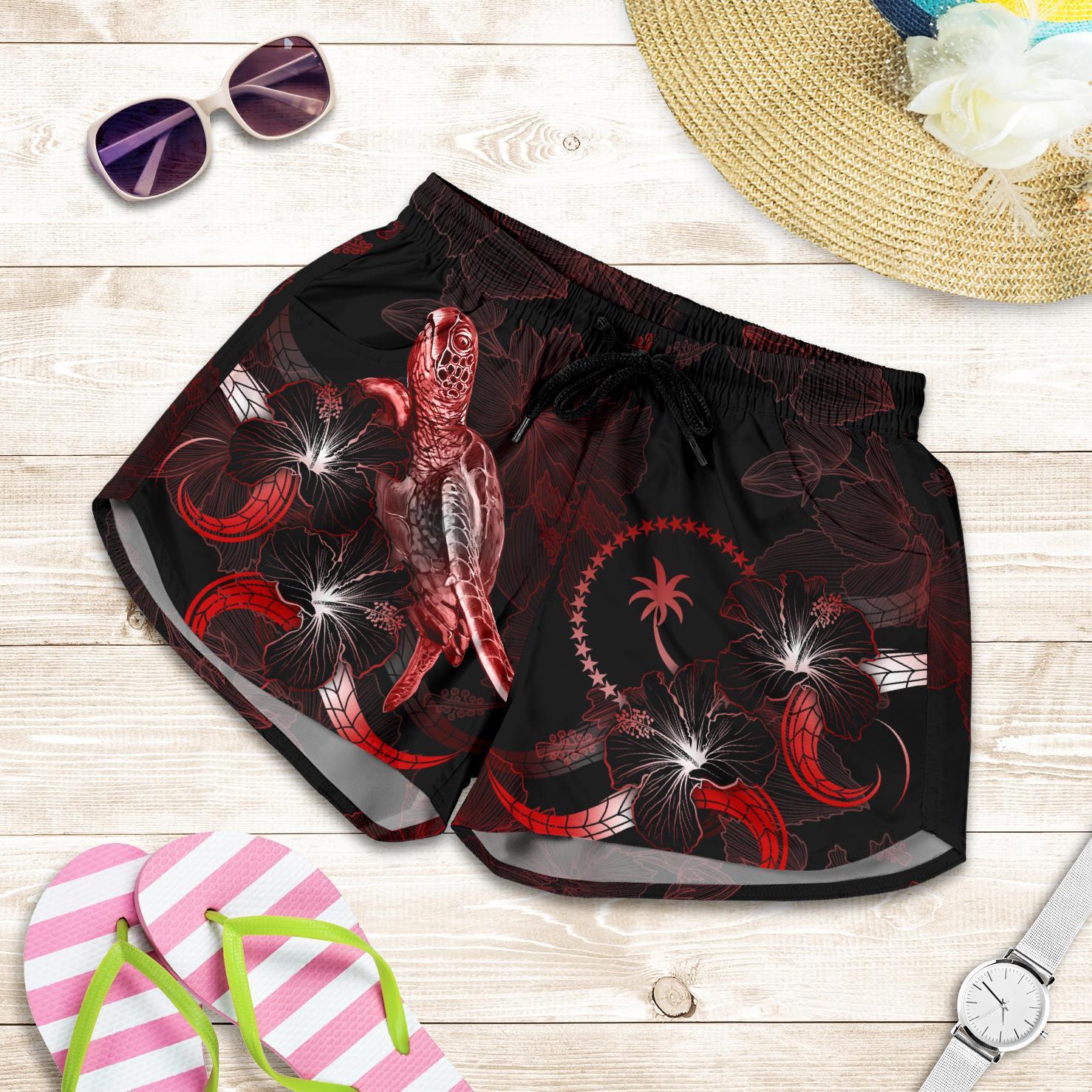 Chuuk Polynesian Women's Shorts - Turtle With Blooming Hibiscus Red Women Red - Polynesian Pride